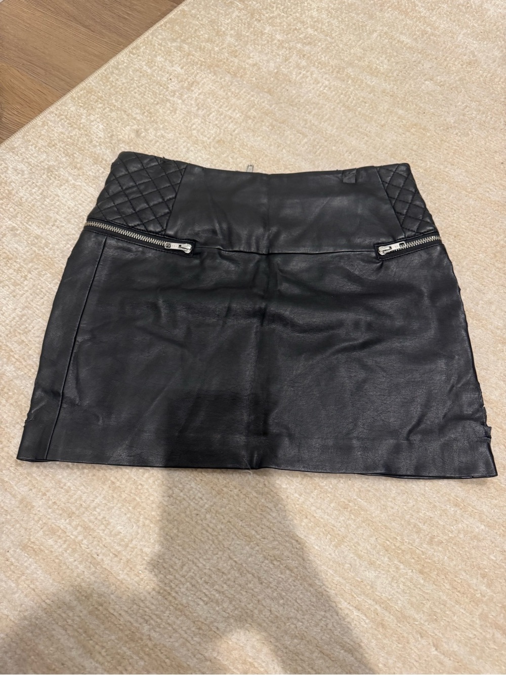 Sam Edelman Black Quilted Faux Leather Mini Skirt with Zip Detail